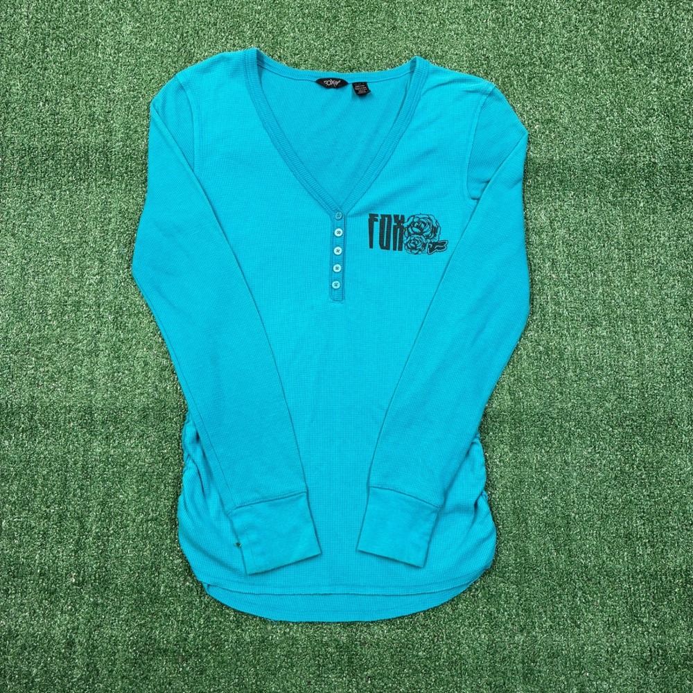 Y2K 2000's Fox Racing Thermal Henley Shirt Teal Blue Long Sleeve
